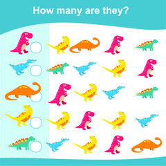 How many are they game. Dinosaurs Edition. Cute math worksheet. Educational activity for preschool kids. Vector illustration.