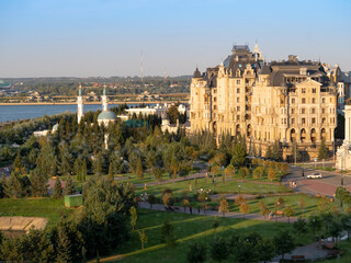 View of the residential building like a palace and the park in front of it in Kazan, Russia