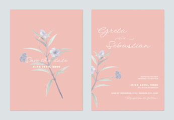 Floral wedding invitation card template, ruellia tuberosa flowers on pink