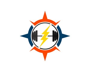Modern compass with gym barbell and lightning inside