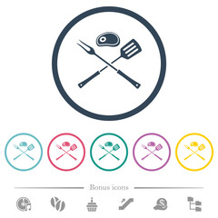 Barbecue fork and spatula with steak flat color icons in round outlines