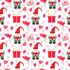 Little gnome pattern for valentine day. Balloons, heart and box with gifts. Vector illustration. For baby products, prints, packaging, shops, covers and flyers.