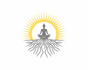 Woman meditation on the tree roots illustration