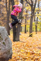 A little girl on a walk in an autumn park jumped from a large boulder onto a pile of fallen yellow leaves. 