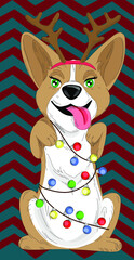 Christmas card with a corgi puppy. Cute corgi with deer antlers and christmas garland.