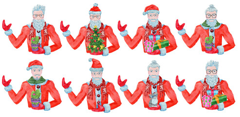 Set with handsome old man wearing Santa Claus costume, beard and stylish hair holding gifts and conifer.