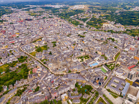 Aerial panoramic view of Lugo city with buildings and landscape, Galicia ..