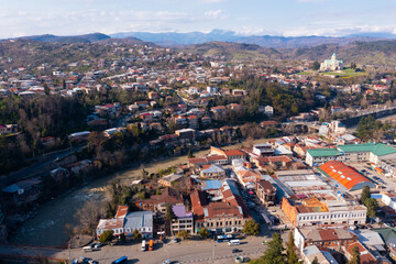 Panoramic view of Kutaisi center with Bagrati Cathedral, Imereti region of Georgia