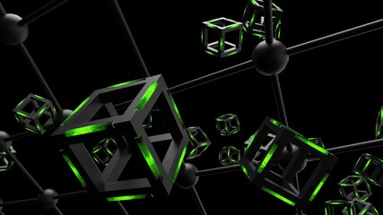 Green illuminated Hot Iron Black Cube with Atom Plane Structure under Black Background. Block-chain network technology concept illustration. 3D illustration. 3D CG. 3D high quality rendering. 
