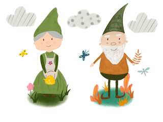 Collection of gnomes isolated on white backdrop. Illustrations for print, cards, decor and design. 