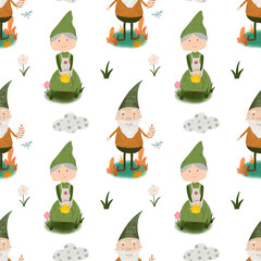 Seamless pattern with cute dwarves. Pattern for textile, backdrops, prints. 