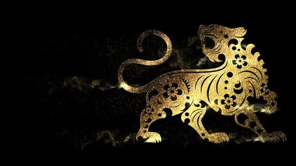 Celebrating the Chinese New Year, year of the Tiger 2022, a loop glittering gold particles symbol of the Chinese zodiac for fortune and prosperity with alpha background ready for overlay