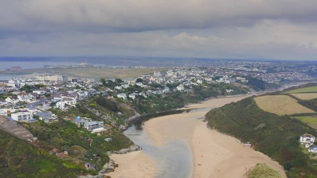 Aerial view over the Estuary of the River Gannel at Crantock Beach in Cornwall England. 