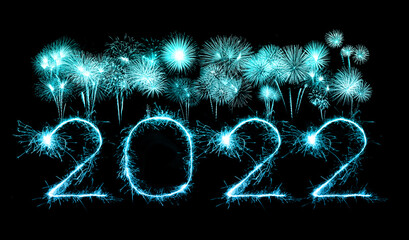 2022 happy new year fireworks written sparkling at night