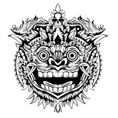 Barong Balinese mask tattoo style in black and white
