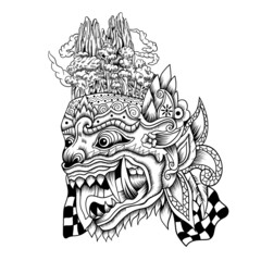 Barong Balinese mask tattoo style in black and white