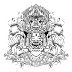 Barong mask with balinese woman tattoo style in black and white