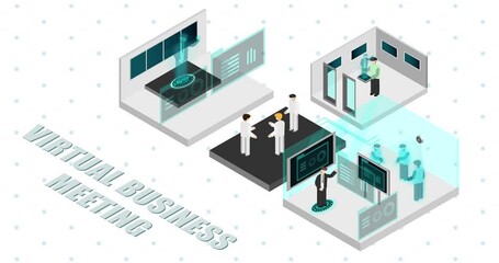 Virtual business meeting, global team, halogram. The Future world series of isometric animation in detail.