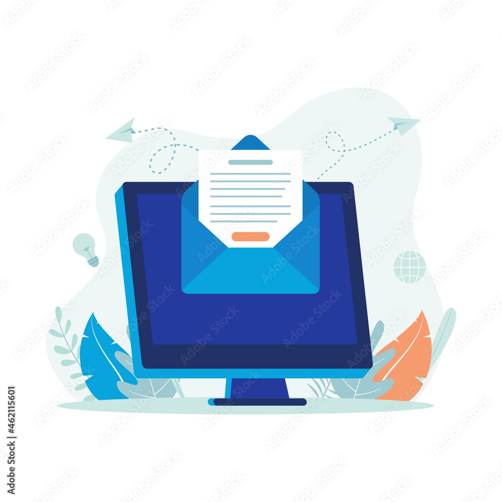 Poster email newsletter illustration. computer with envelope icon. flat vector suitable for many purposes.