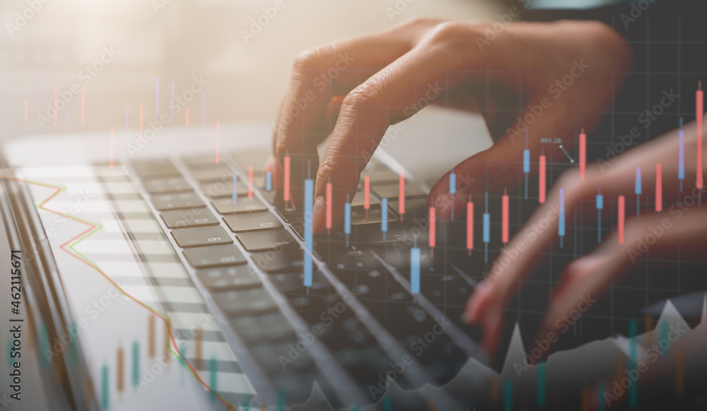 Poster stock exchange market concept, businessman trader working on computer laptop with graphs analysis ca