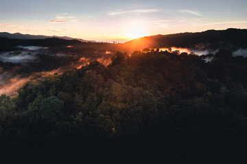 Mountains and trees at a rural village, high angle in the morning
