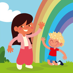 happy kids with rainbow