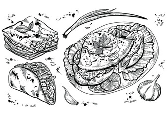 Black and white hand drawn illustration of food