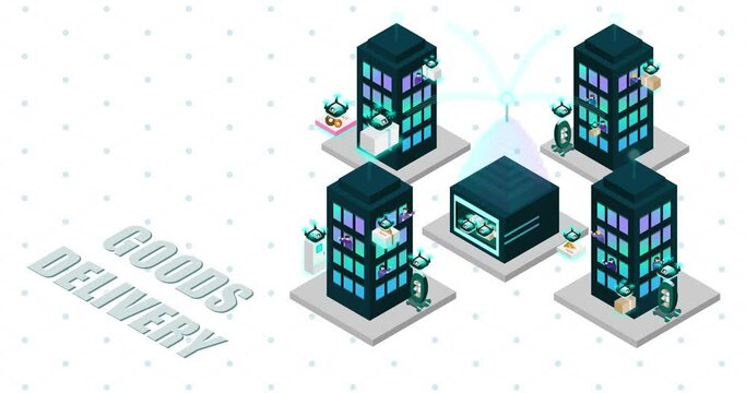 Drone delivery of goods. The Future world series of isometric animation in detail.