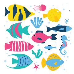 Fototapeta premium Set of sea fish, corals and algae. Isolated white background. Set from flat illustration.