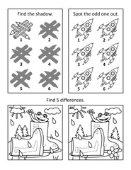 Obraz premium Puzzle page with 3 visual puzzles or picture riddles. Shadow game, odd one out, find differences. Pencils, rockets, gumboots, frog. Black and white. Letter sized.