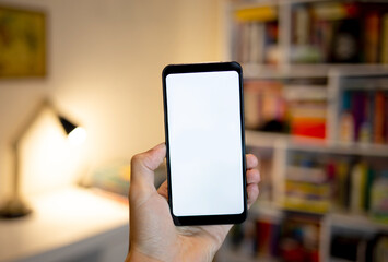Hand holding smartphone with blank screen. Using smartphone indoors
