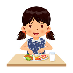 Little girl happy to eating breakfast. Vector illustration