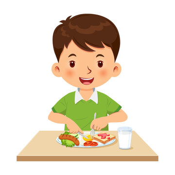 Little boy happy to eating breakfast. Vector illustration