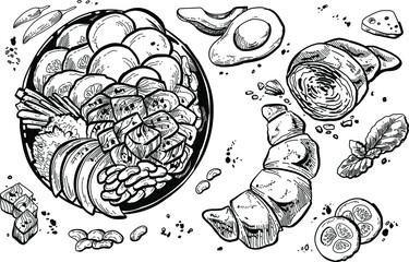 Black and white hand drawn illustration of food