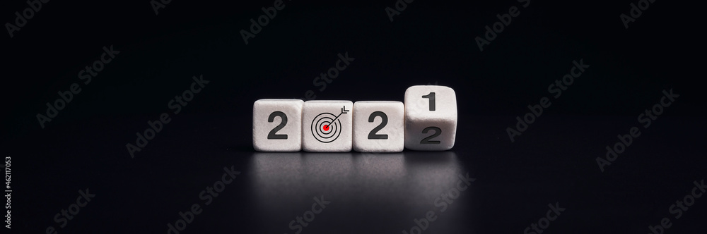 Aufkleber 2022 happy new year banner with business goal and success concept. flipping of black dice blocks for