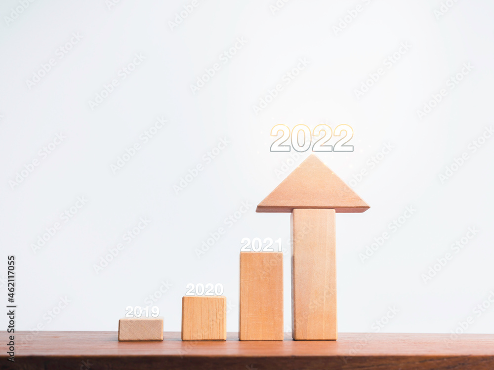 Poster business graph chart with wooden cube blocks.