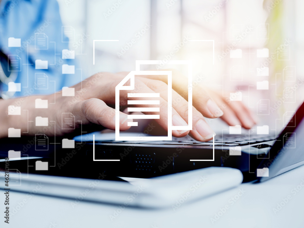 Poster document management. document file information and folders icons with businessman hands working on l