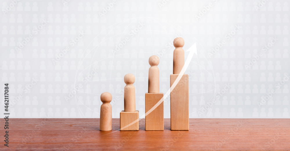 Poster population growth concept. rising up arrow and wooden figures standing on a growing graph chart step