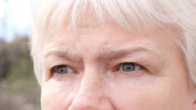 Close up eyes of mature middle-aged woman in fright reacting on horrible situation.  Concept of shock, anxiety , expression . Slow-motion, macro extreme close-up, 