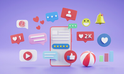 3D Social media platform, online social communication applications concept, emoji, webpage, search icons, chat and chart with smartphone background. 3d illustration
