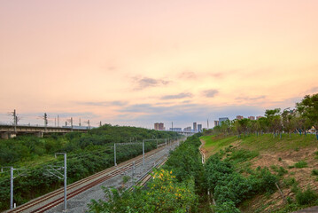 Fototapeta na wymiar A railway through the city in Chengdu, Sichuan Province, China