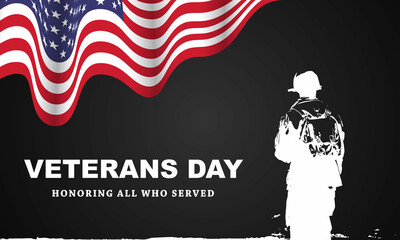 Veteran's day poster.Honoring all who served. Veteran's day illustration with american flag and soldiers