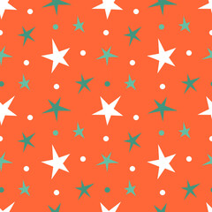 christmas seamless vector pattern in retro style with stars and snowflakes on red background. pattern in flat style for printing on fabric, wrapping paper