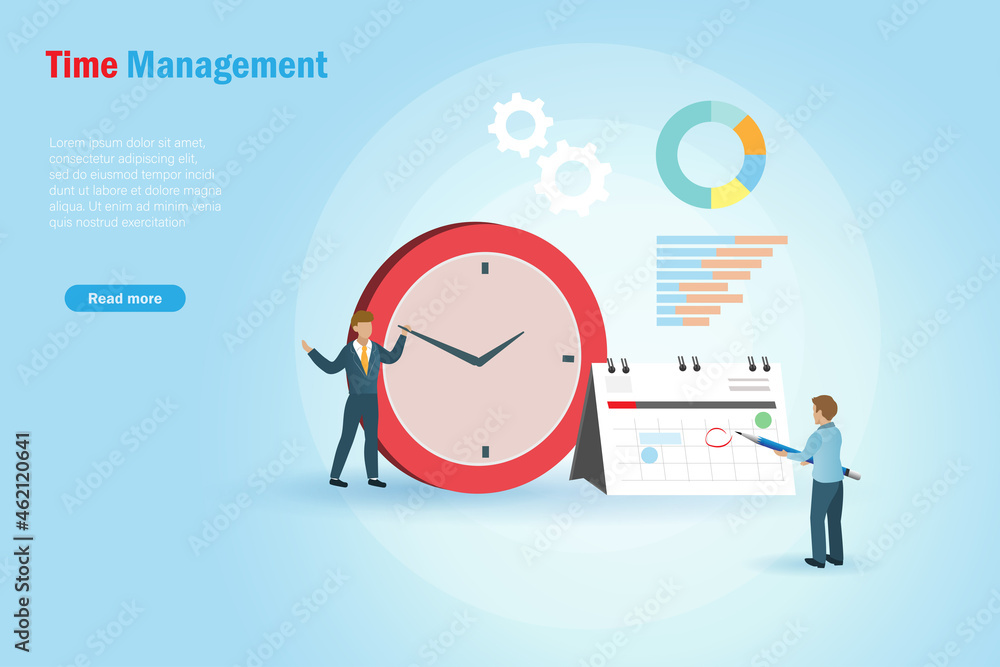Aufkleber time management concept. businessman with calendar and clock. analysing business graph and chart to 