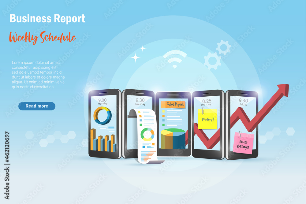 Poster weekly business scheduling on smart phone with document reports, virtual growth graph revenue and pr