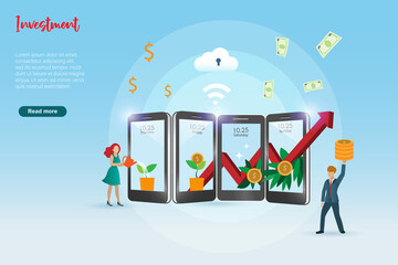 Growth graph profit and money on investment application in smart phone screen. Busnessman and woman growing little money plant to precious gold coin big tree.