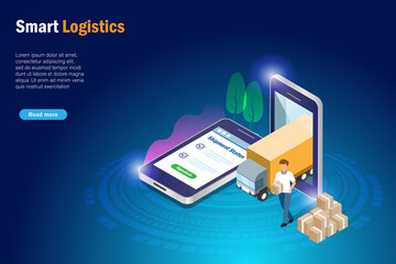 Online smart logistics. Delivery truck and shipment tracking status on smart phone screen. Global transportation logistics and delivery technology concept. 3D Isometric vector.