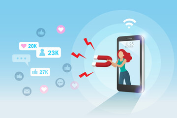 Social media marketing attraction, acquisition and retention strategy. Woman holding magnet on smart phone attracting people love, like, comment and followers.