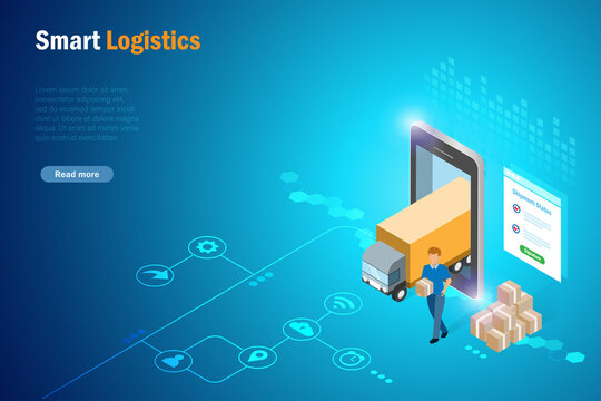 Delivery Man Holding Carton Box With Transporation Truck From Smart Phone Screen. Smart Logistics And Supply Chain Distribution, Transportation Technology And Online Shipment Tracking Concept.