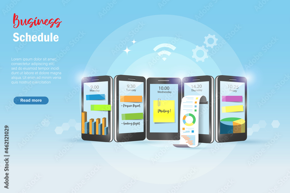 Poster weekly business scheduling on smart phone with post it notes memo sticker, document reports and virt